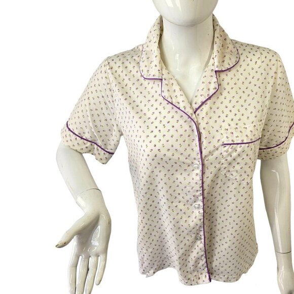 60s Damea Sleep Shirt White Purple Ditsy Floral Short Sleeve Button Up Womens 34 - Picture 3 of 10